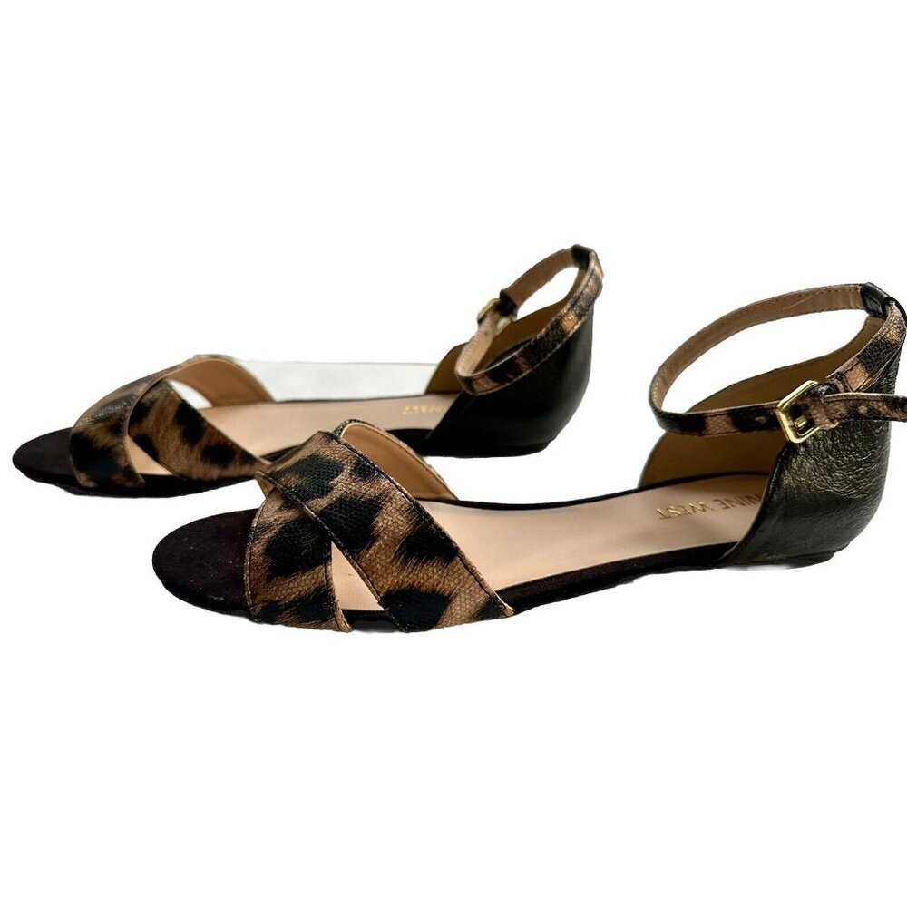 NINE‎ WEST Animal Print Cross-Cross Ankle Strap Flat Sandals Women’s Size 7M EUC